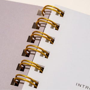 Peut inclure: Gros plan sur un carnet &agrave; spirales avec une reliure m&eacute;tallique dor&eacute;e. Les pages sont blanches et grises, avec le mot "INTRO" visible. Le carnet est ouvert, montrant la reliure en spirale.