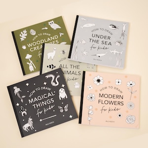 May include: Five illustrated how-to-draw books for kids. The books are titled "How to Draw Woodland Creatures for Kids", "How to Draw Under the Sea for Kids", "How to Draw All the Animals for Kids", "How to Draw Magical Things for Kids", and "How to Draw Modern Flowers for Kids".