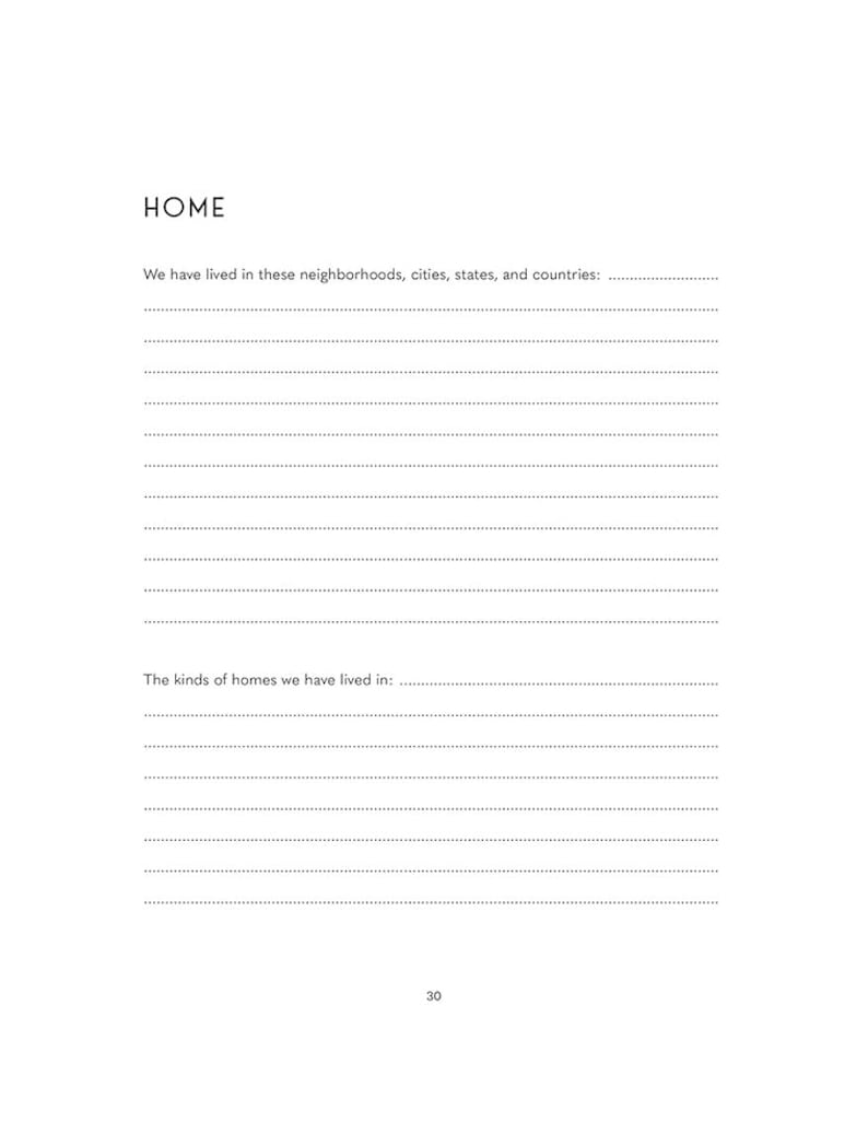 以下が含まれることがあります： 「HOME」の文字が上部に書かれた白いジャーナルページ。その下に、住んだことのある近所、都市、州、国をリストするための行が設けられています。さらに、住んだことのある家の種類をリストするための行もあります。