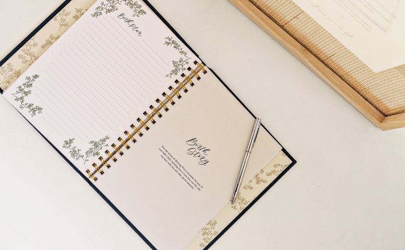Special Features:
Chic, gender-neutral design. Elegant linen cover. Acid-free and archival paper. Generous trim size offers ample space for photos. Lay-flat design created by a beautiful gold spiral binding allows you to easily write in the book