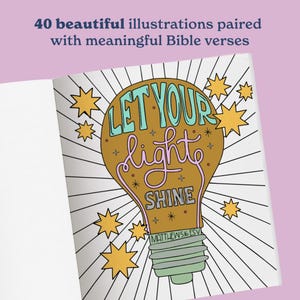 May include: A coloring book page featuring a lightbulb illustration with the text "LET YOUR light SHINE" and "MATTHEW 5:16 ESV". The bulb is brown with teal and pink lettering, surrounded by yellow stars and black radiating lines on a white background.