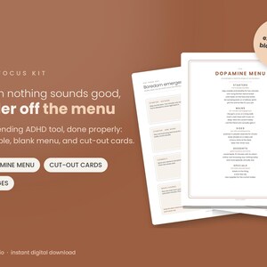 Könnte beinhalten: Ein digitales Dokumentenset mit dem Titel The Focus Kit, das ein Dopamin-Menü mit Abschnitten für Vorspeisen, Hauptgerichte, Beilagen, Desserts und Spezialitäten enthält. Die weißen Seiten haben schwarzen Text und braune Ränder.