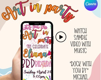 Arte en Invitación en Video Digital de Fiesta de Cumpleaños. Invitación digital de arte, invitación de personalización de cumpleaños.