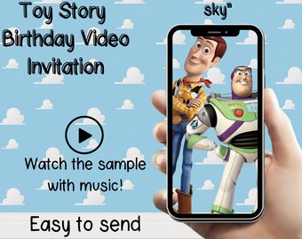 May include: A blue and white background with clouds. A hand holds a smartphone displaying a video invitation for a Toy Story birthday party. The video features Woody and Buzz Lightyear with the text "Reach for the sky".