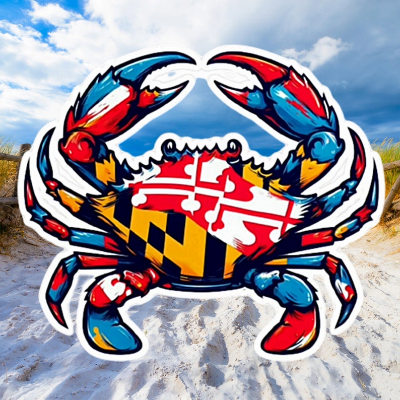 Maryland Blue Crab and Flag Waterproof Car Window Decal, Water Bottle Tumbler Cooler Laptop Notebook Sticker, Kiss-Cut Vinyl Decals image 1