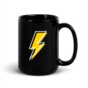 Lightning Bolt Black Glossy Mug; yellow with white