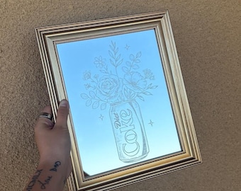 Engraved Diet Coke Mirror | Floral Bouquet Wall Art, Retro Kitchen Decor