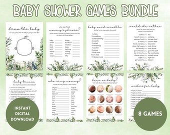 Greenery Baby Shower Games Bundle: Printable Trivia, Scrabble (Digital Download)