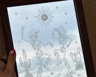 Cowboy Skeleton Dance Mirror | Western Skeleton Wall Art | Hand Engraved 8x10 Mirror
