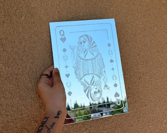Queen of Luck | Playing Card Art | Lucky Girl Decor | Handmade Art | Engraved Mirror