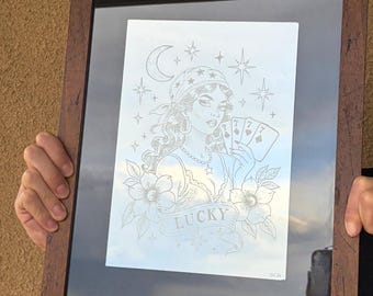 Hand-Engraved Lady Luck Mirror | Vintage Tattoo Flash Lucky 7 Wall Art