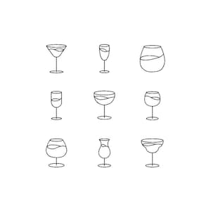May include: A set of nine different glass types, including a martini glass, wine glasses, a champagne flute, and a cocktail glass. The glasses are all outlined in black and are shown on a white background.