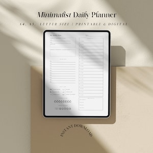 May include: A black and white digital daily planner with the text "Minimalist Daily Planner" and "A4. A5. LETTER SIZE | PRINTABLE & DIGITAL" at the top. The planner includes sections for "My Daily Plan", "Today's Most Important Tasks", "Mood Tracker", and "Notes".