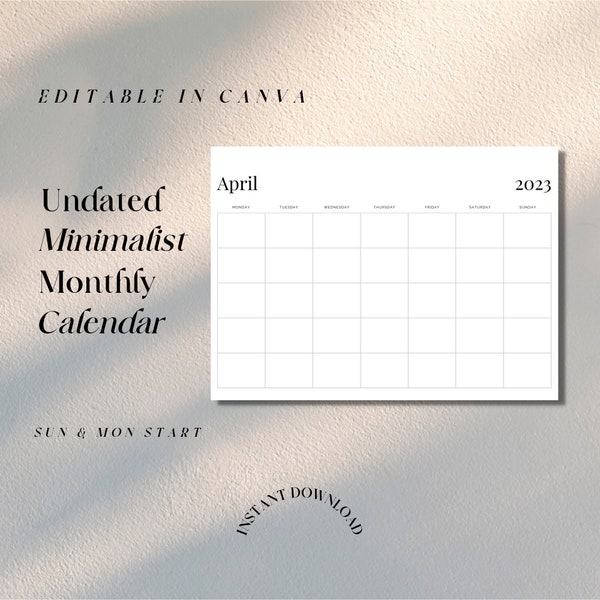 Blank Monthly Calendar Printable | Digital Calendar | A4/A3/Letter | Printable And Digital Version | Digital Monthly Planner | Jan - Dec