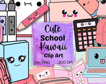 Kawaii School & Office Supplies Clipart | 28+ PNG Digital Stickers, Back to School PNG Clip Art |Pre-school Classroom Digital Download Decor