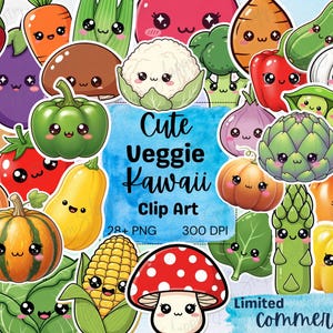 Cute Kawaii Veggie Clipart Bundle, Adorable Vegetable PNGs for Digital Crafts, Cute Veggie Stickers, Kawaii Vegetable, Download for Comm Use