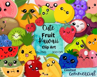 Paquete de imágenes prediseñadas de frutas kawaii / Más de 38 pegatinas digitales PNG con frutas extra / Gráficos de comida adorables para manualidades, planificadores y sublimación, PLR