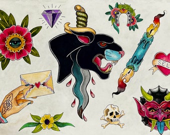 Panther Tattoo Flash Sheet Art Print