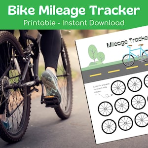 May include: A printable bike mileage tracker with the text "Bike Mileage Tracker" and "Printable - Instant Download". The tracker features a bicycle graphic and spaces to color in for each mile ridden, up to 100 miles.