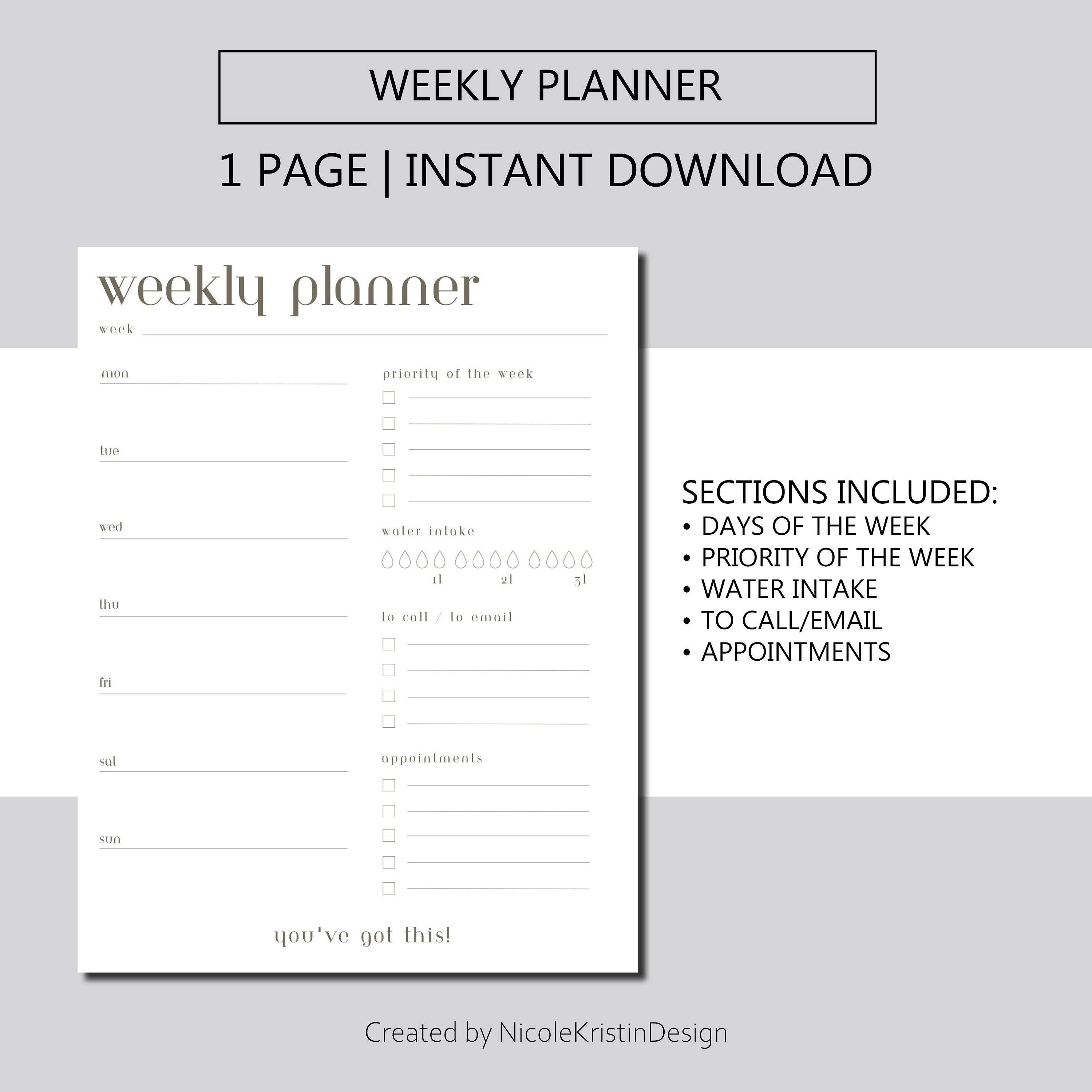 Weekly Planner Printable, Instant Download, Weekly to Do List and ...