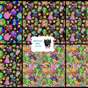 May include: A collection of colorful fabric patterns featuring characters from the Super Mario video game series. The designs include Mario, Princess Peach, and other iconic elements, set against a dark background with geometric patterns.