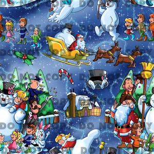 Könnte beinhalten: Eine festliche Weihnachts-Illustration mit verschiedenen Figuren, darunter der Weihnachtsmann, ein Schneemann und ein Lebkuchenmann. Die Illustration ist vor einem blauen Hintergrund mit weißen Schneeflocken und Sternen platziert. Die Figuren lächeln alle und sind glücklich, und die Illustration ist voller weihnachtlicher Freude.