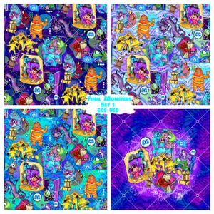 May include: A digital fabric pattern featuring various animated monster characters, including a large blue furry creature, a small green one-eyed monster, and a young girl, set against vibrant backgrounds with geometric shapes and wavy lines.