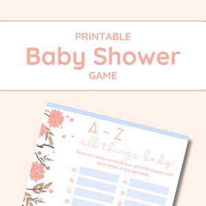 Jeu de baby shower imprimable - Prédictions de bébé et activité de prénoms de A à Z - Bleu jeu de bébé garçon, bébé fille neutre en termes de genre PDF