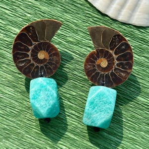 Unique Fossilized Shell Earrings with Natural Amazonite Stone • Mermaidcore Summer Beachy Earrings • One-of-a-Kind