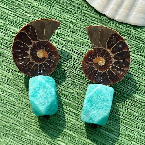 Unique Fossilized Shell Earrings with Natural Amazonite Stone • Mermaidcore Summer Beachy Earrings • One-of-a-Kind