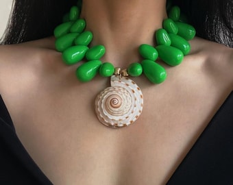 Natural Seashell Necklace • Vivid Green Beaded Necklace with Large Shell Pendant • Beach Vibes Jewelry