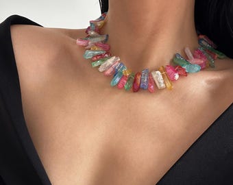 Rainbow Gemstone Necklace • Bold Statement Fan Shape Necklace • Colorful Jewelry