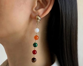 Long Multicolor Stone Statement Earrings • Summer Boho Drop Earrings • Unique Gifts for Her