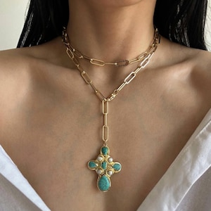 Doppelschicht Statement Kreuz Halskette, Türkis Stein Großes Kreuz Anhänger Halskette, Bold Kruzifix Halskette, Retro Chunky Cross Schmuck