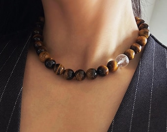 Minimalistische Tigeraugen-Halskette mit Bergkristall-Anhänger, echter Kristallschmuck