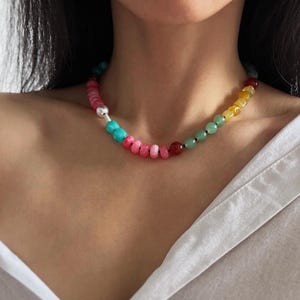 Multi Color Gemstone Necklace, Gem and Pearl Beaded Choker Necklace, Rainbow Gem Necklace, Cute Stacking Necklace, Everyday Necklace