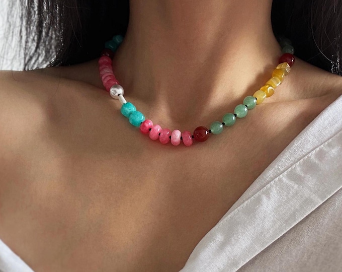 Multi Color Gemstone Necklace, Gem and Pearl Choker, Rainbow Stone Jewelry, Gifts for Her