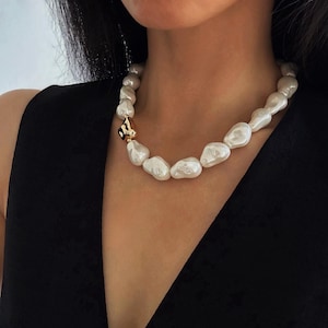 Big Large Chunky White Round Pearls Beads Necklace Handcrafted Statement Jewelry