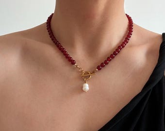 Red Carnelian Choker Necklace, Freshwater Pearl Pendant, Timeless Everyday Jewelry
