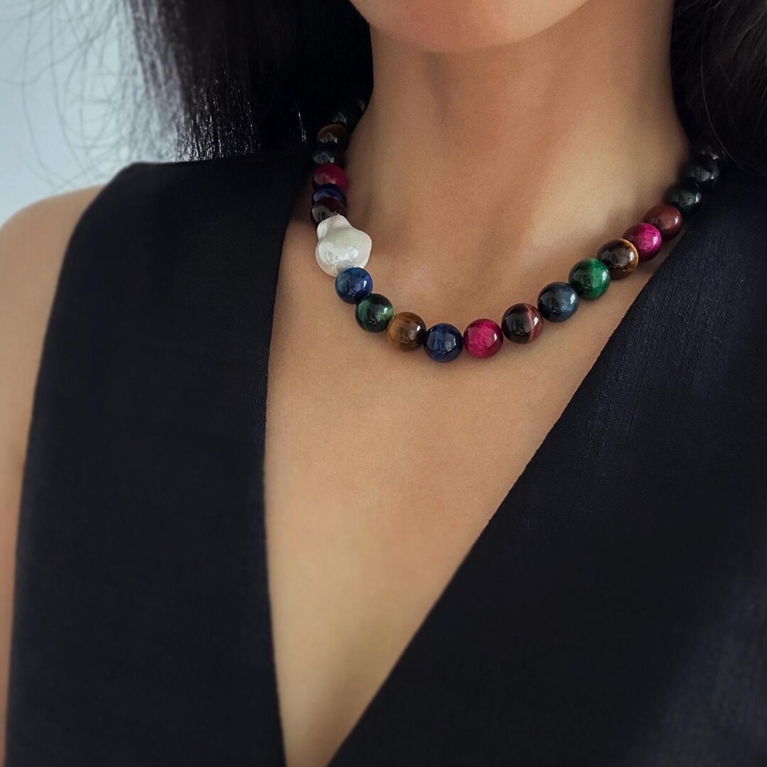 Janel Tiger Eye Gemstone Necklace-Red
