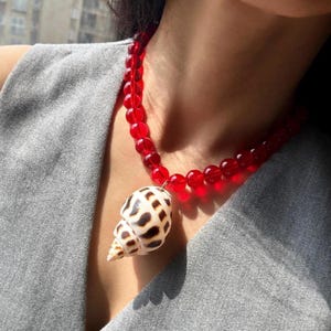 Striking Red Sea Shell Necklace • Natural Seashell Pendant Necklace • Mermaidcore Jewelry