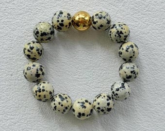 Dalmatian Jasper Beaded Bracelet, Gold or Silver Stainless Steel Accent, Unisex Minimalist Jewelry