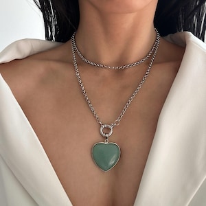 Multi Way Grün Aventurin Herz Halskette, Doppel-Schicht grobstrick Herz Halskette, Rolo Kette Halskette mit Großem Herz Anhänger, Herz Schmuck