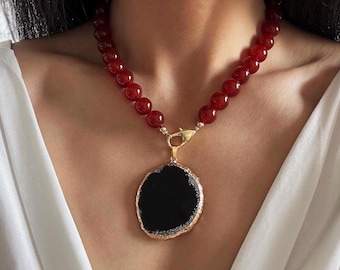 Genuine Red Carnelian Necklace • Large Black Agate Pendant • Bold Statement • Gifts for Her