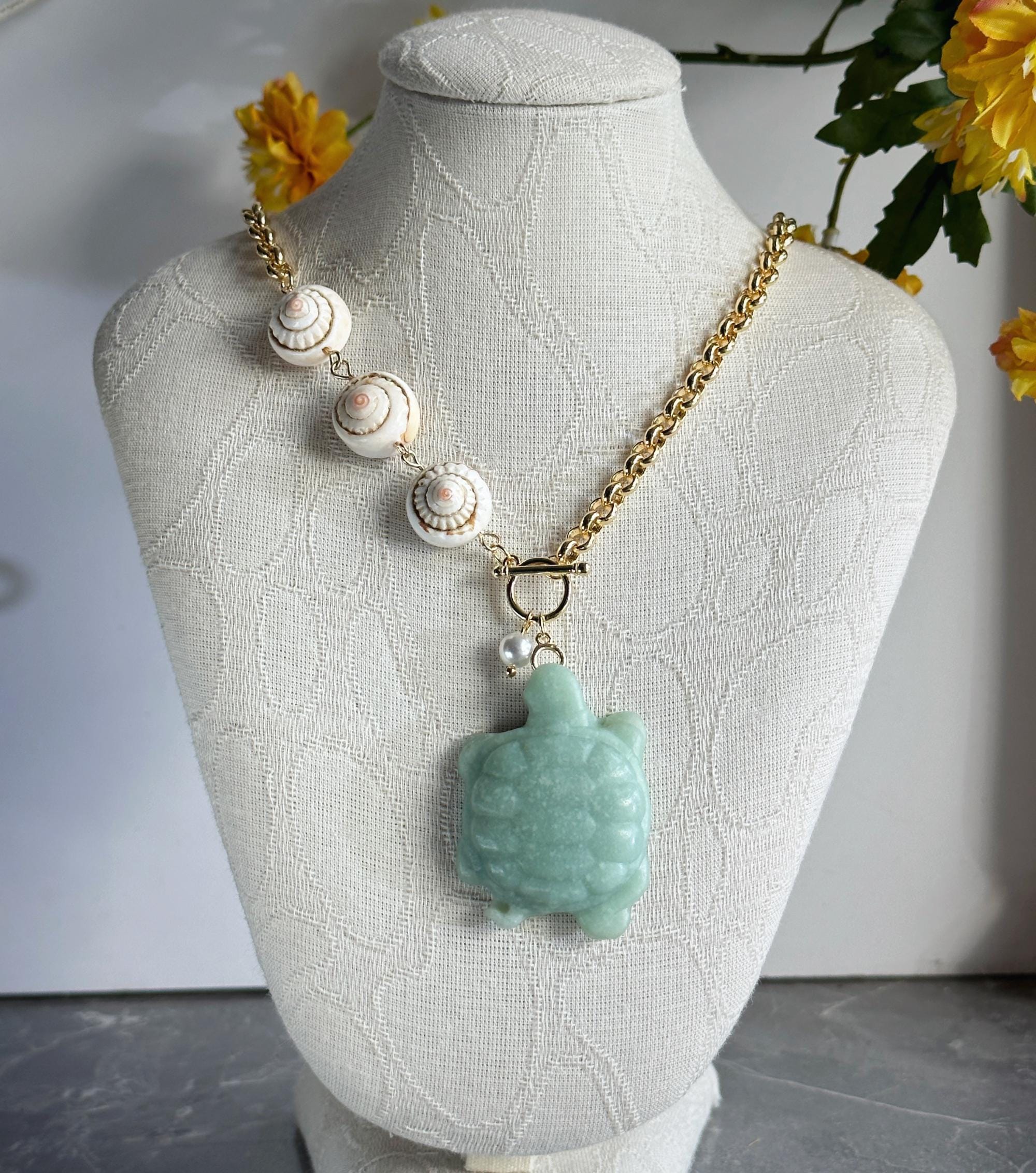 Bold Sea Turtle Necklace, Fun Turtle Pendant Necklace, Green Stone ...