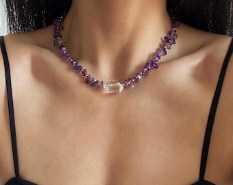 Amethyst Chip Halskette: Bergkristall Anhänger, Boho Edelstein Perlen Halskette
