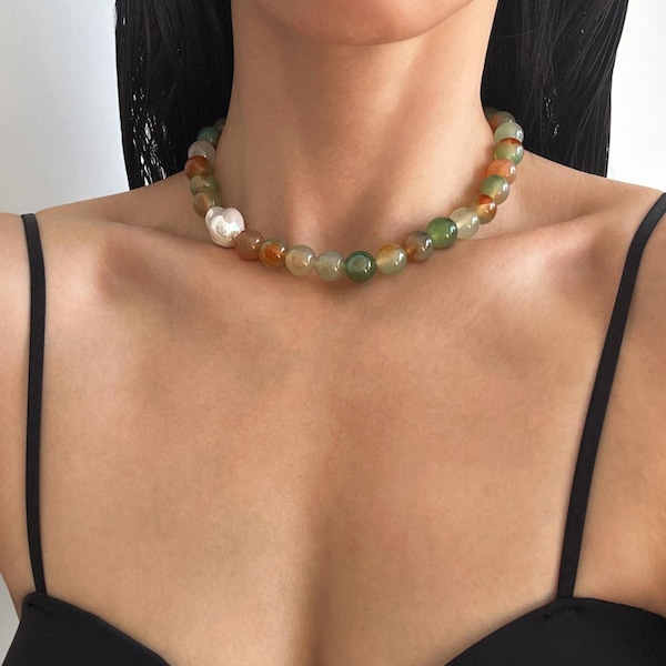 Chunky Edelstein-Halskette mit unregelmäßige Perle Anhänger • Natürliche Pfau Achat Choker • Erdige Stein Schmuck