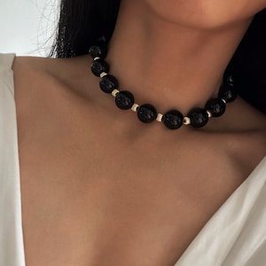 Vintage Style Black Obsidian Choker, Natural Obsidian Statement Necklace, Gorgeous Black Stone Necklace with Gold Beads, Anniversary Gifts