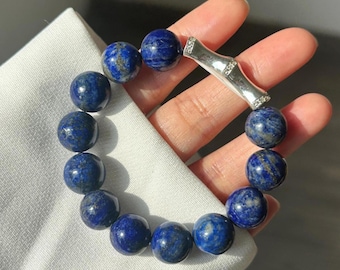 Unisex Lapis Lazuli Bracelet • AAAAA Grade Blue Lapis with Bamboo Charm • Statement Jewelry