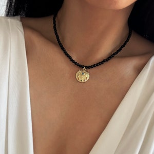 Evil Eye Pendant Necklace, Black Agate beaded Necklace with Turkish Eye Charm, Dainty Black Gemstone Necklace for Both Men & Women